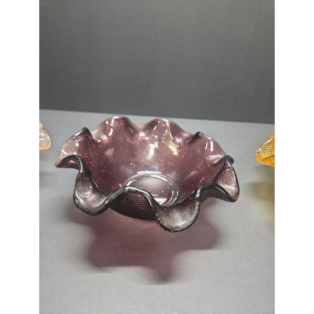 Vintage Colony Waffle Glass Nesting Bowls Set of 3 Pink Amber‎ Purple Ruffled